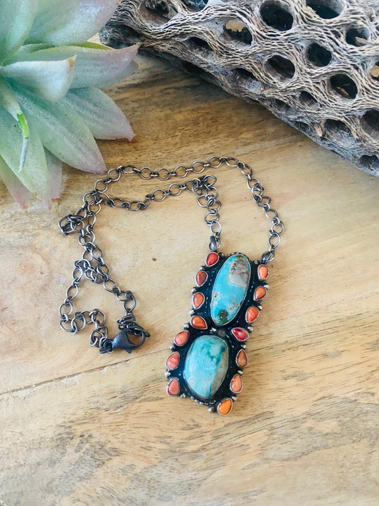Handcrafted Sterling Silver, Spiny & Royston Turquoise Cluster Necklace
