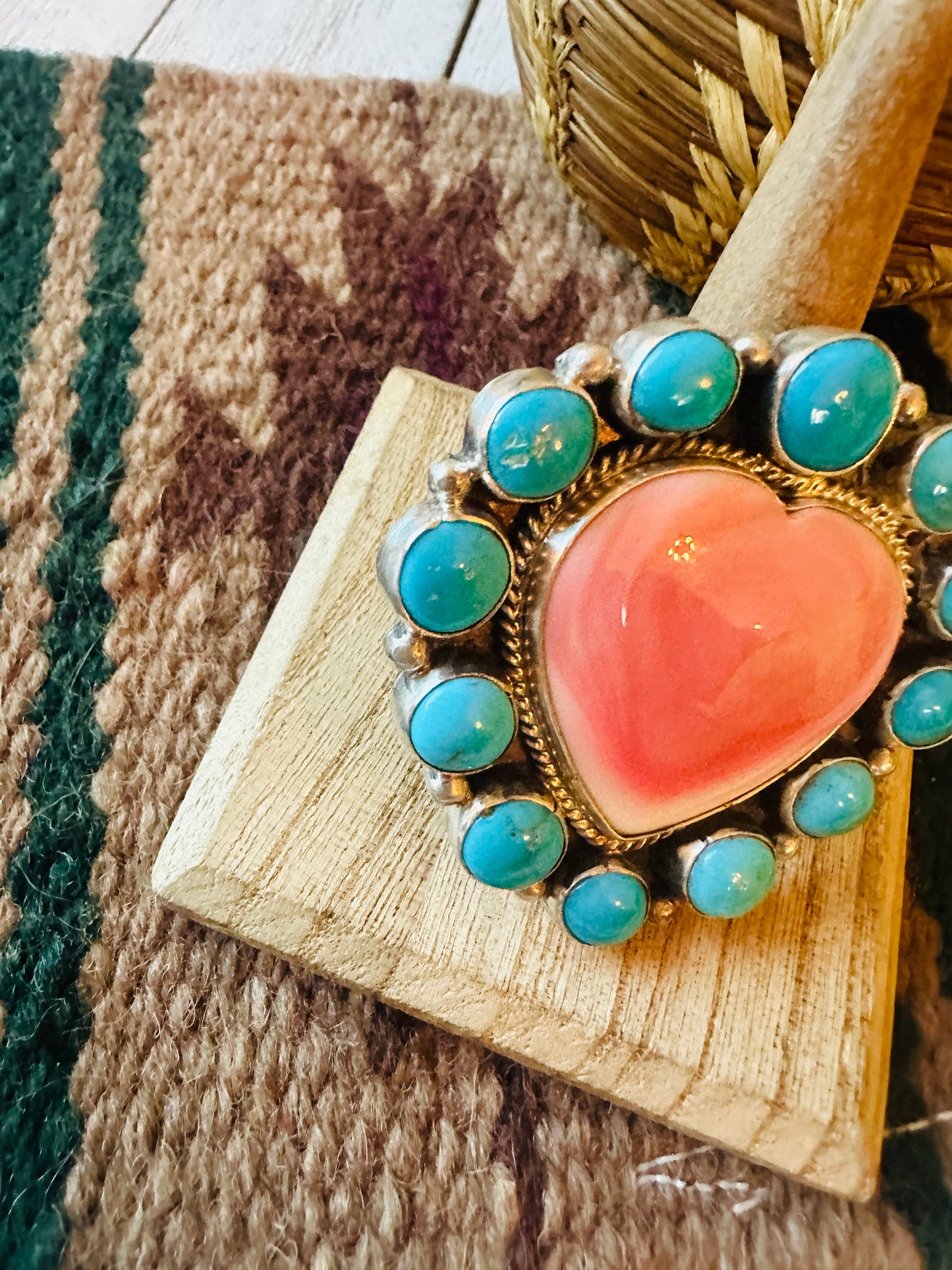 Handcrafted Sterling Silver, Queen Pink Conch & Turquoise Heart Adjustable Ring