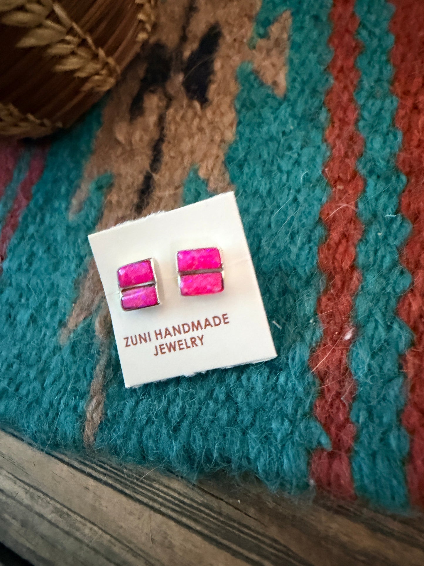 Handcrafted Sterling Silver & Pink Opal Inlay Stud Earrings