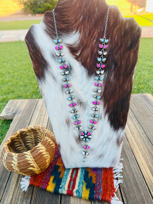 Handcrafted Cotton Candy & Sterling Silver Flower Cluster Necklace by Pearlene Spencer