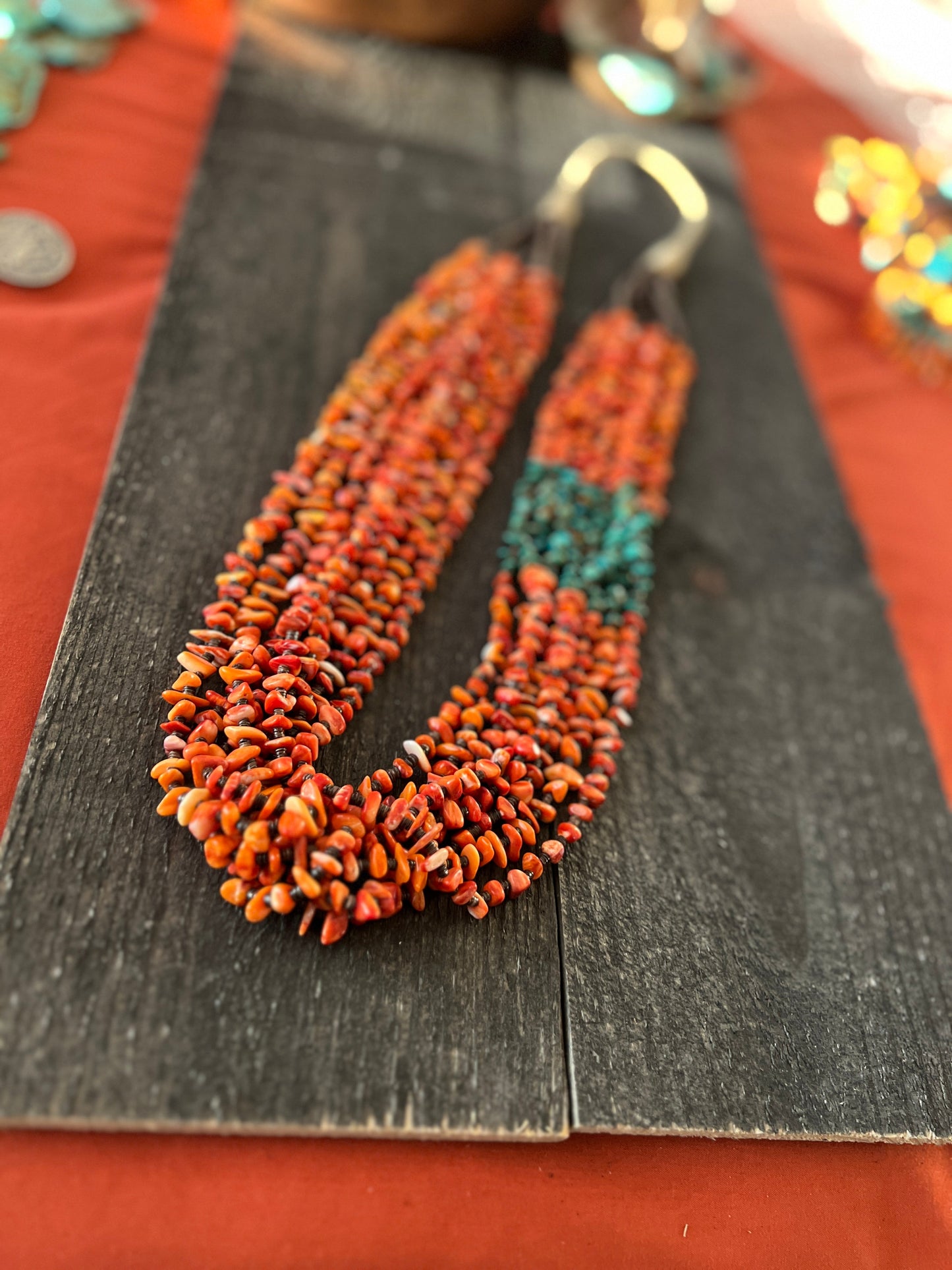 Gorgeous Handcrafted Made Eight Strand Spiny Oyster and Turquoise Beaded Squaw Wrap Necklace by Daniel Coriz