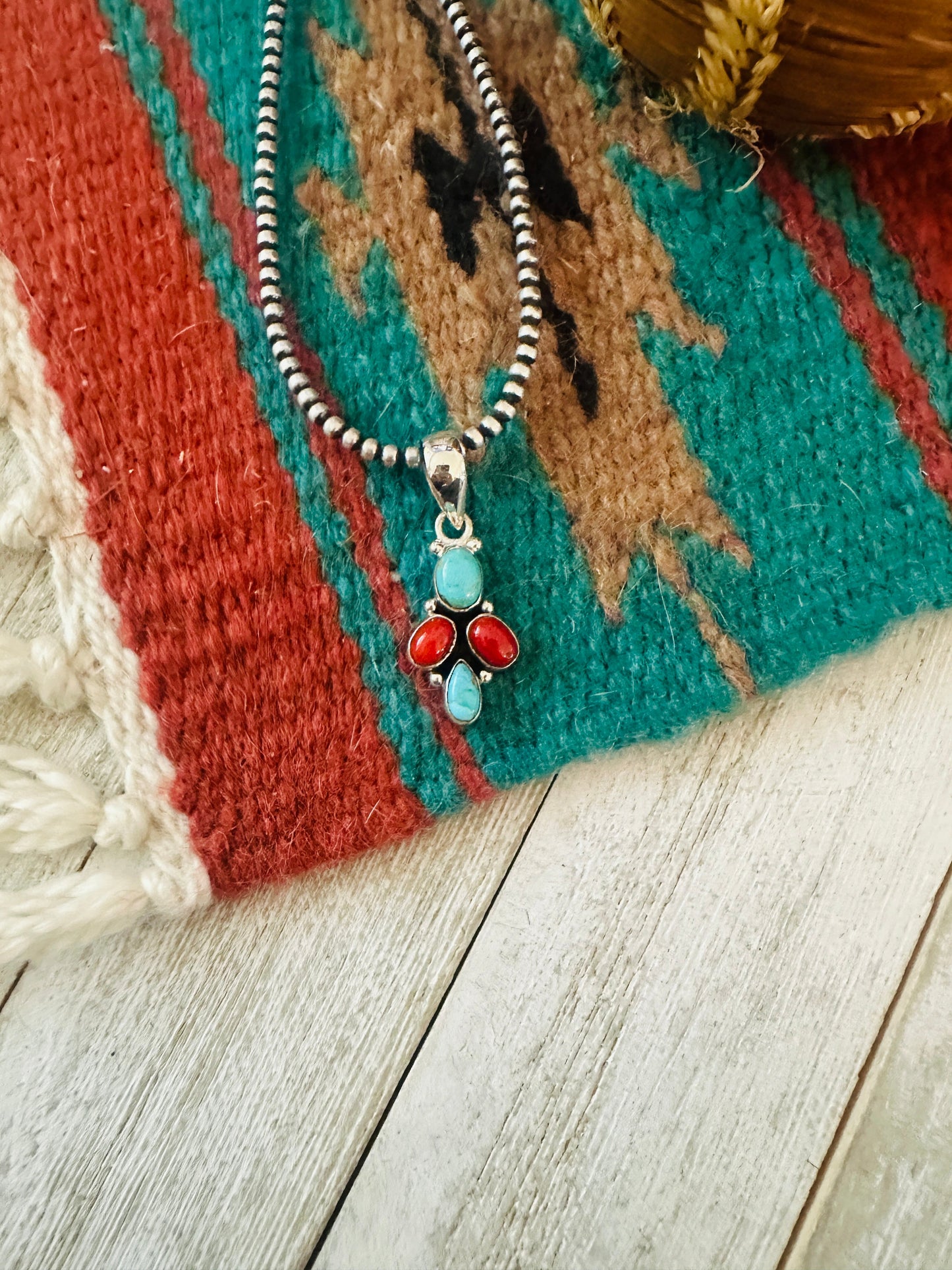 ** Christmas Collection ** Handmade Sterling Silver, Coral & Turquoise Pendant Signed Nizhoni
