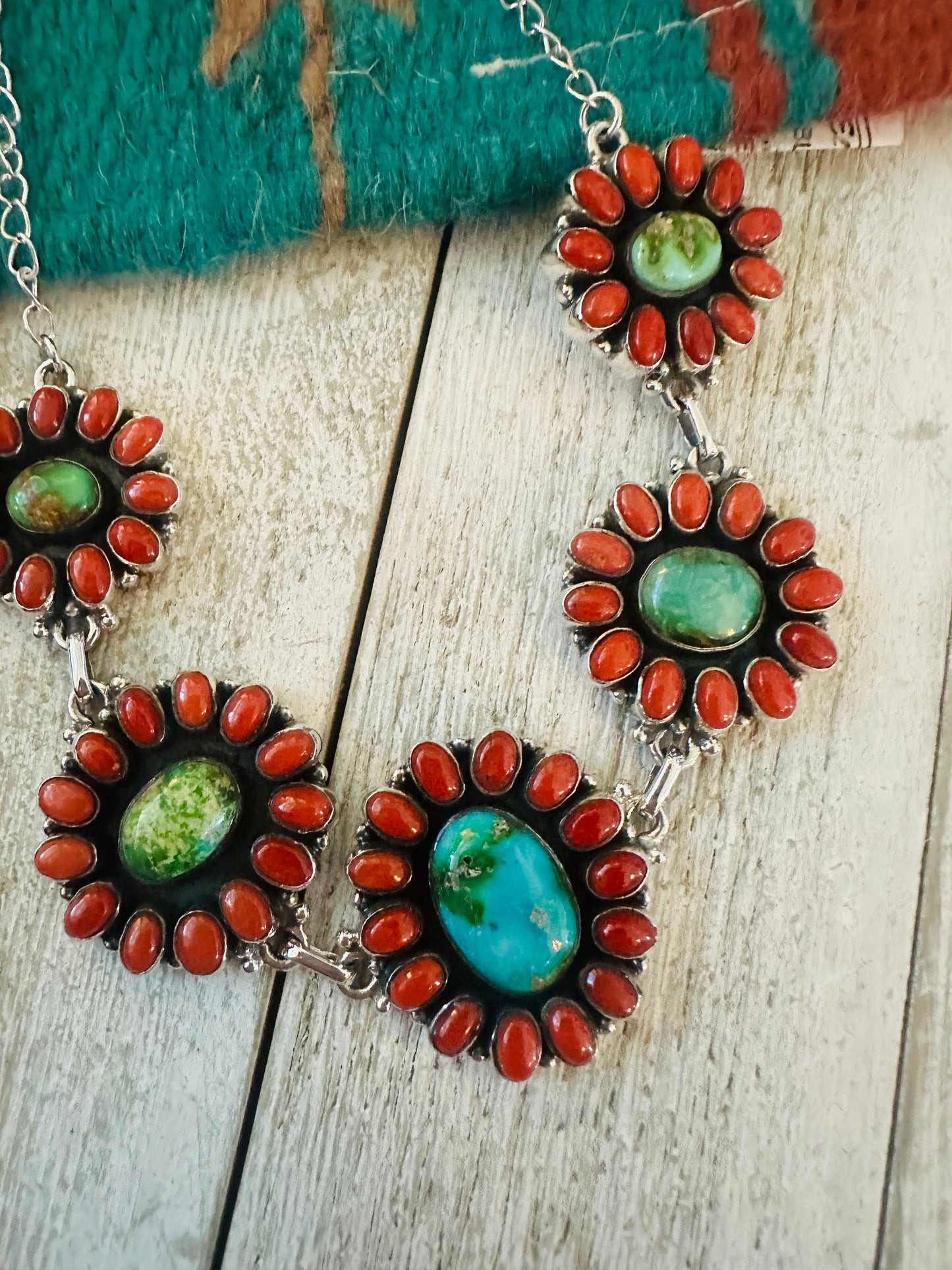 ** Christmas Collection ** Handmade Sterling Silver, Sonoran Mountain Turquoise & Coral Necklace Signed Nizhoni