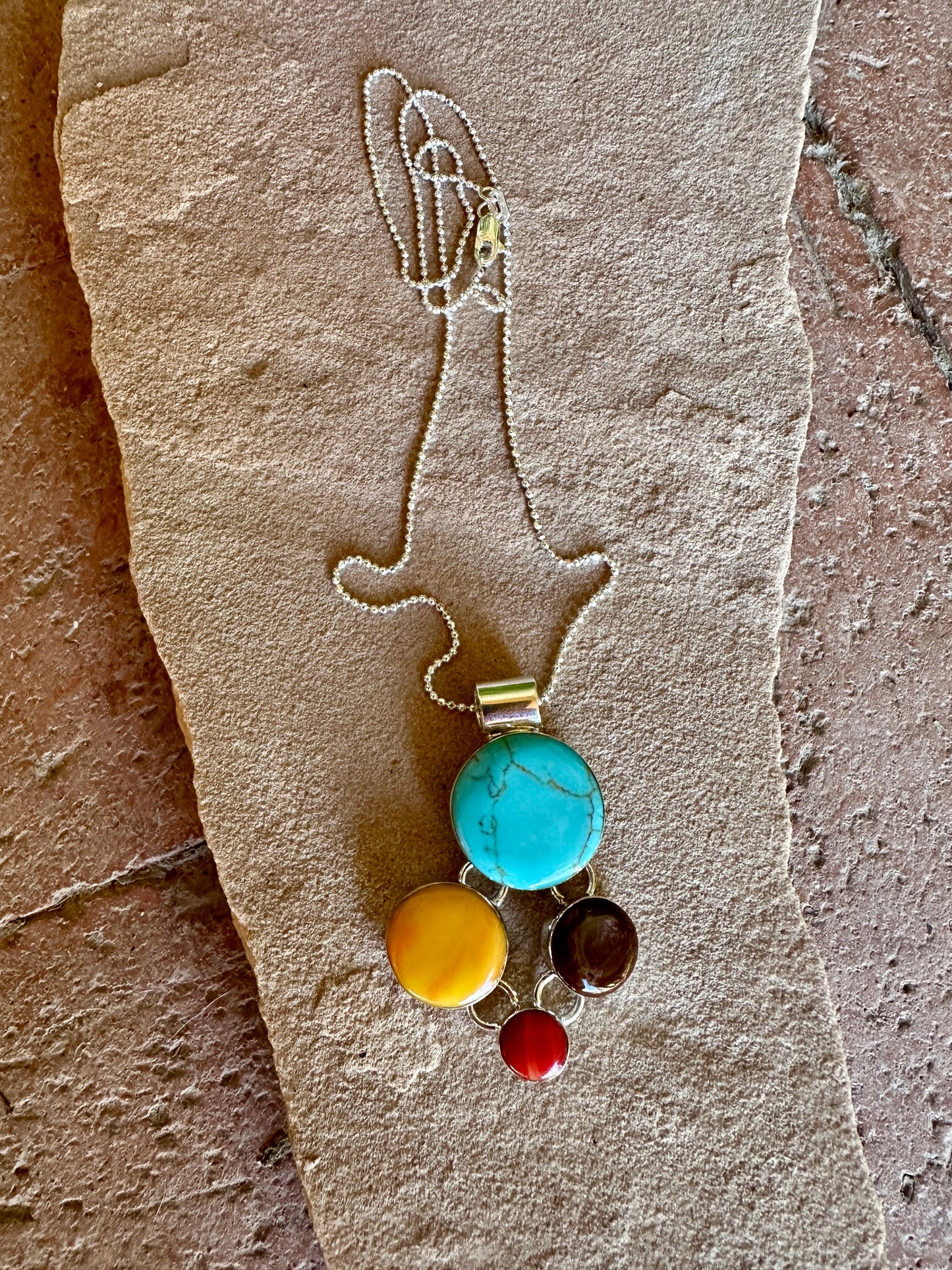 Turquoise & Spiny Circles Sterling Silver Pendant Necklace