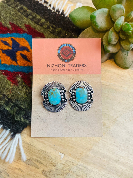 Handcrafted Sterling Silver & Royston Turquoise Post Earrings Signed