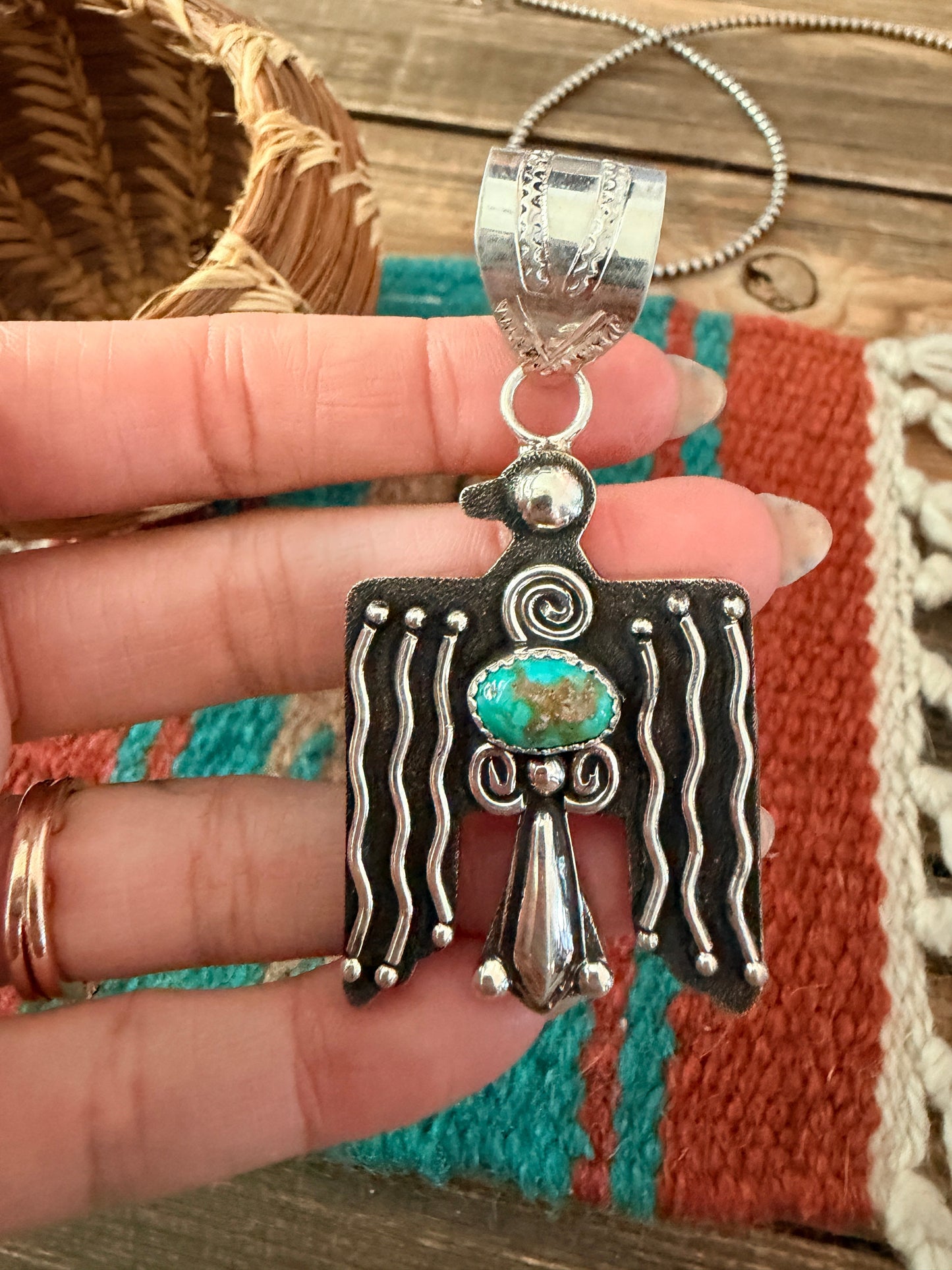 Handcrafted Sterling Silver & Turquoise Thunderbird Pendant by Alonzo Mariano