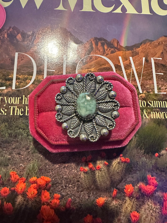 Handmade Sterling Silver Palomino Turquoise Adjustable FLOWER Ring Signed Nizhoni