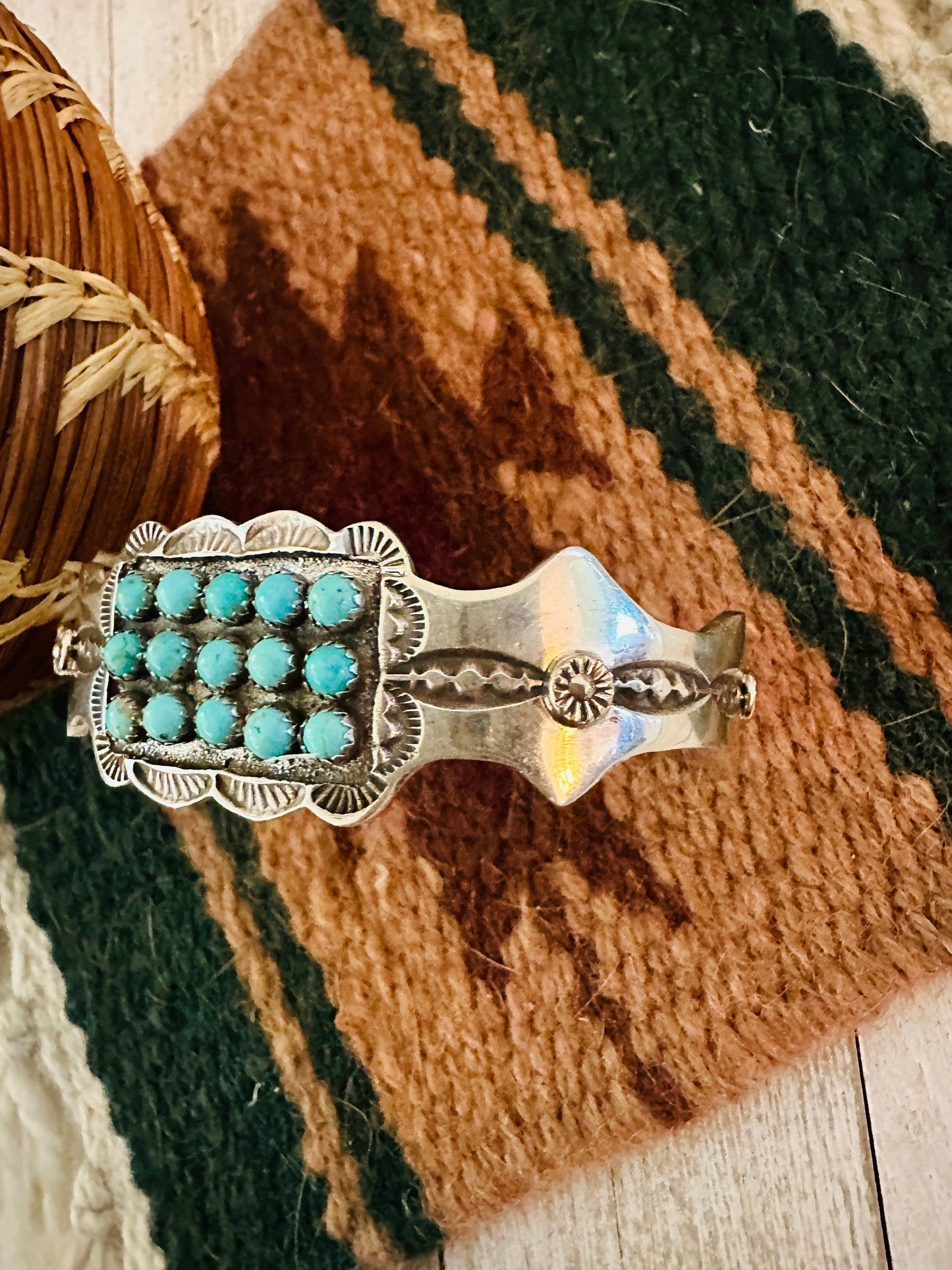 Turquoise & Sterling Silver 3 Row Cluster Cuff Bracelet /