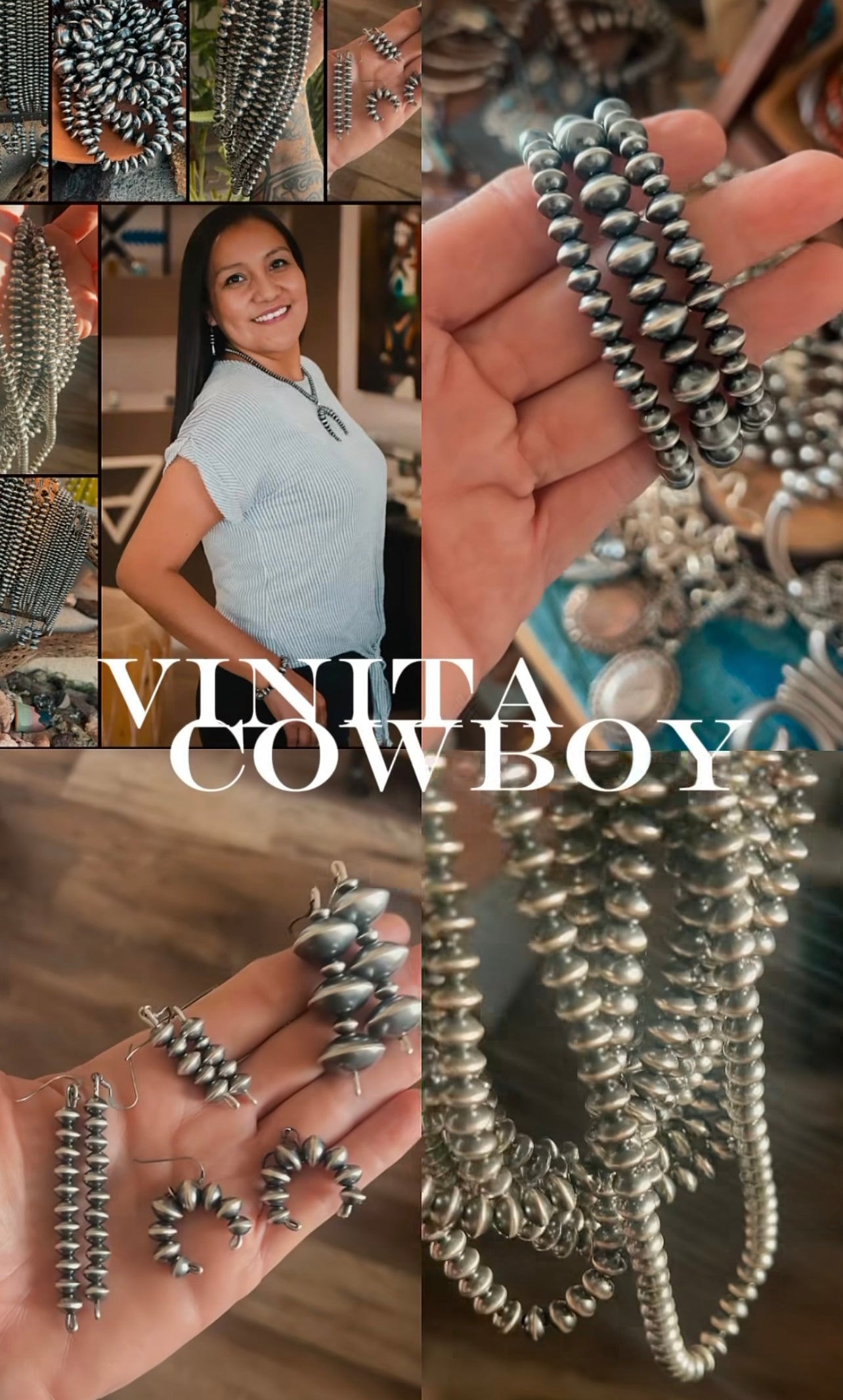 Vinita Cowboy Handmade 8mm Sterling Silver Handcrafted Saucer Pearl Beaded Necklaces