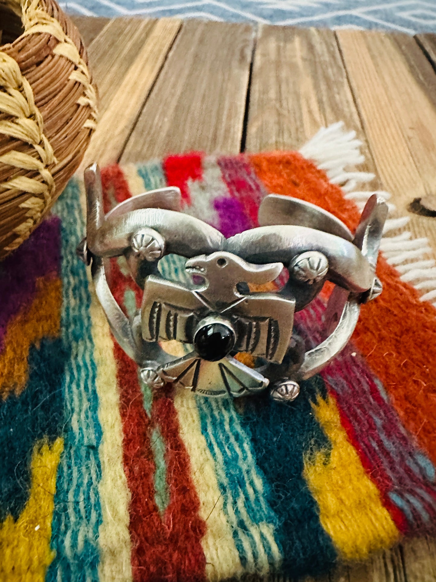Handcrafted Sterling Silver & Onyx Oyster Thunderbird Cuff Bracelet by Chimney Butte