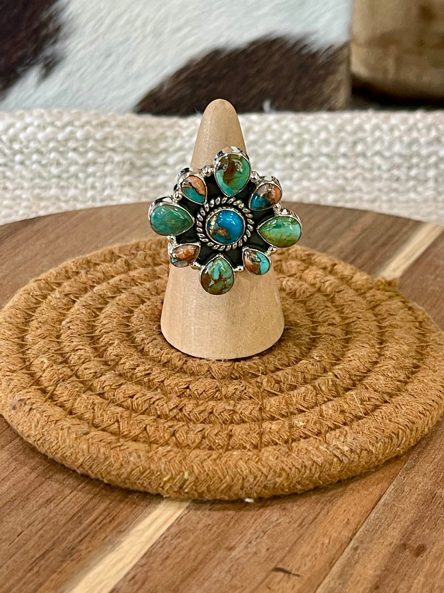 Handcrafted Sterling Silver, Turquoise & Spice Adjustable Cluster Ring