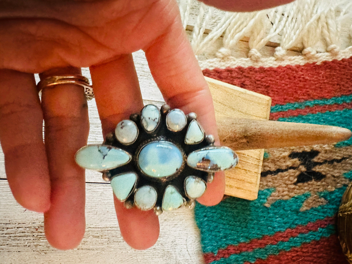 Handcrafted Golden Hills Turquoise & Sterling Silver Cluster Ring by Bobby Johnson, Size 7