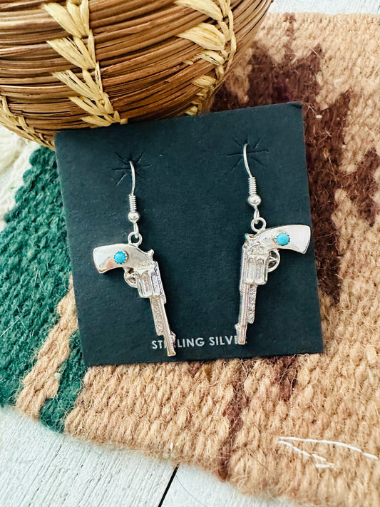 Navajo Turquoise And Sterling Silver Pistol Dangle Earrings