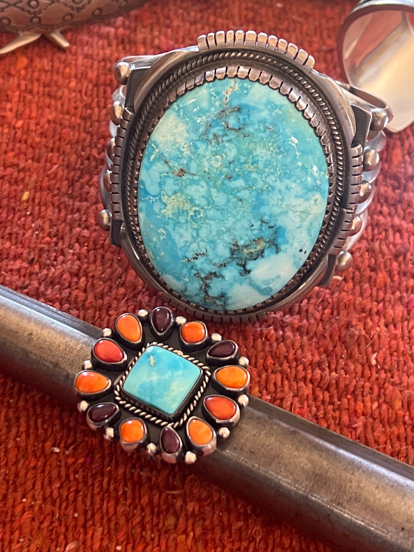 Handcrafted Electric Rainbow Turquoise and Spiny Oyster Ring by Angela Martin and Bernyse Chavez, Size 9