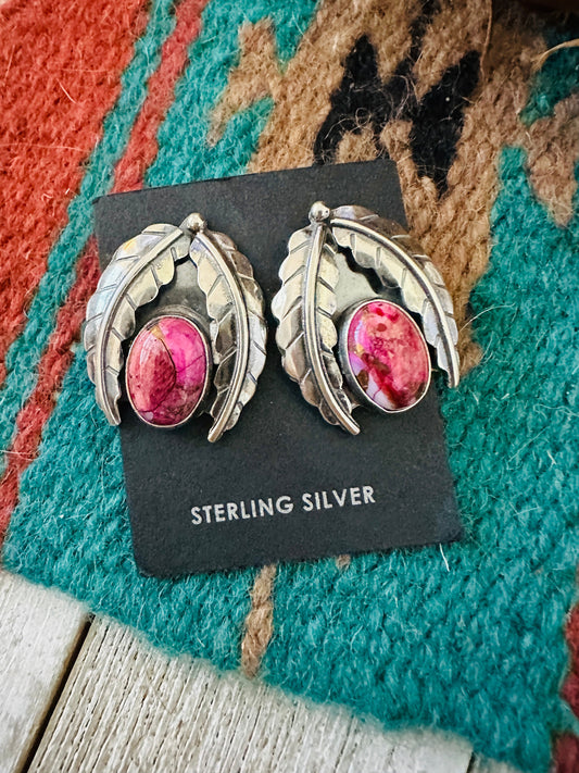 Handcrafted Pink Mojave & Sterling Silver Leaf Post Earrings