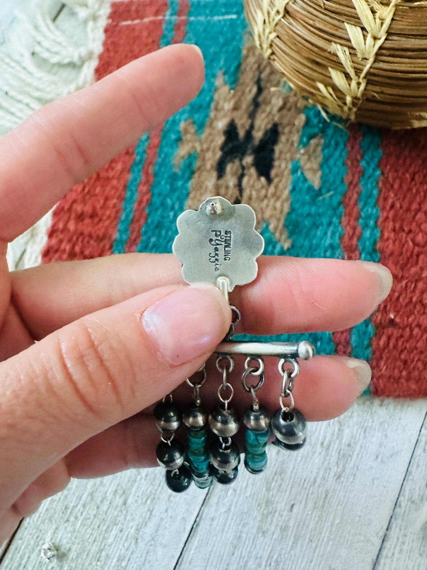 Handcrafted Turquoise, Coral  & Sterling Silver Pearl Beaded Tassel Dangle Earrings