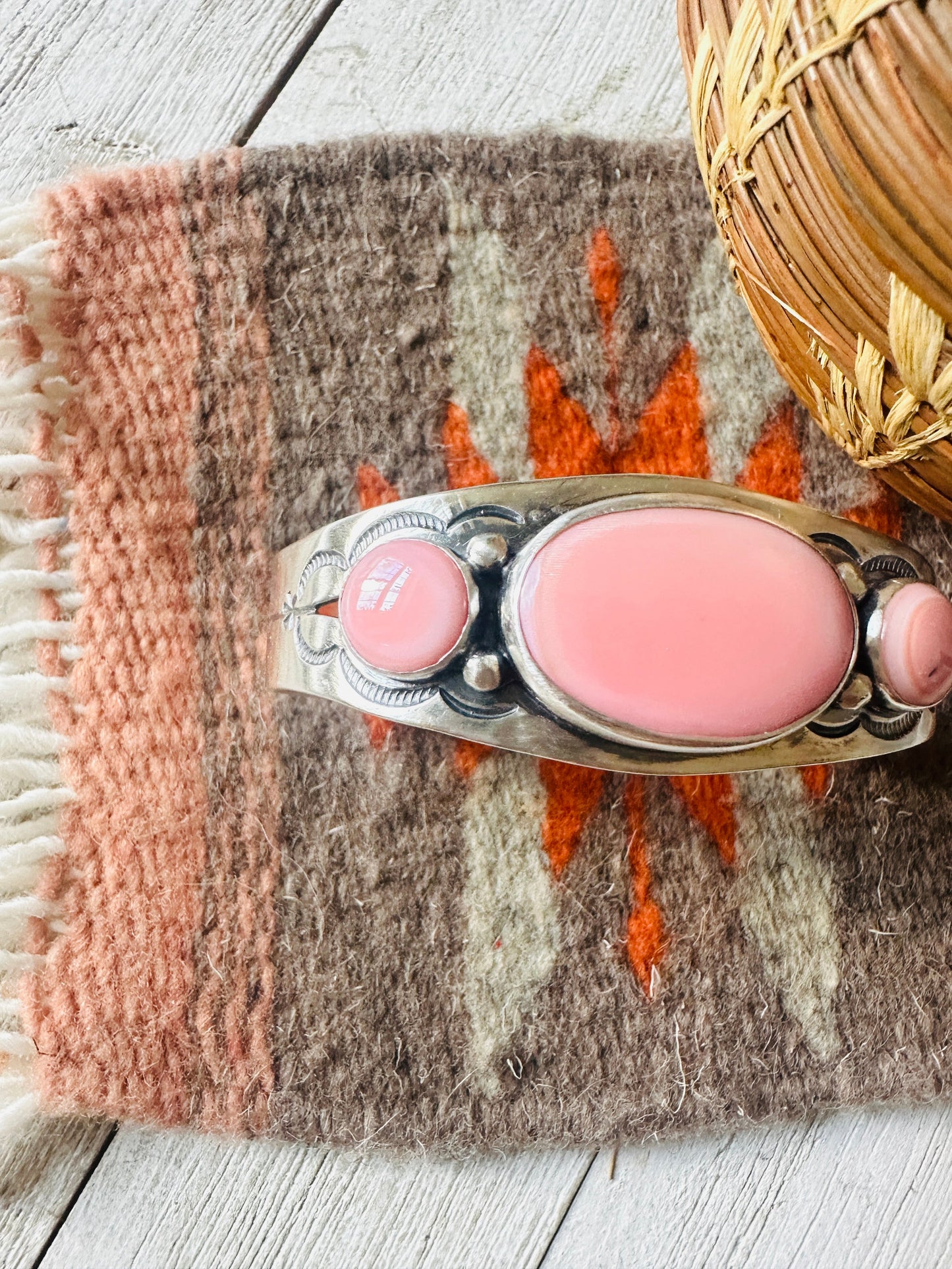 Handcrafted Queen Pink Conch Shell & Sterling Silver 3-Stone Cuff Bracelet