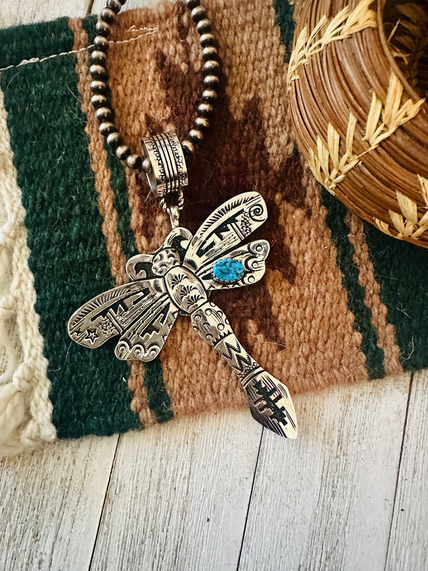 Handcrafted Turquoise & Sterling Silver Dragonfly Pendant Signed Richard Singer