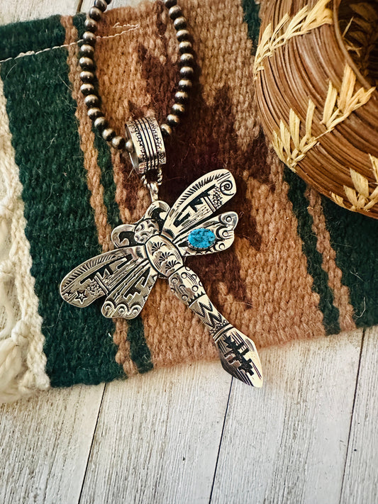 Handcrafted Turquoise & Sterling Silver Dragonfly Pendant Signed Richard Singer