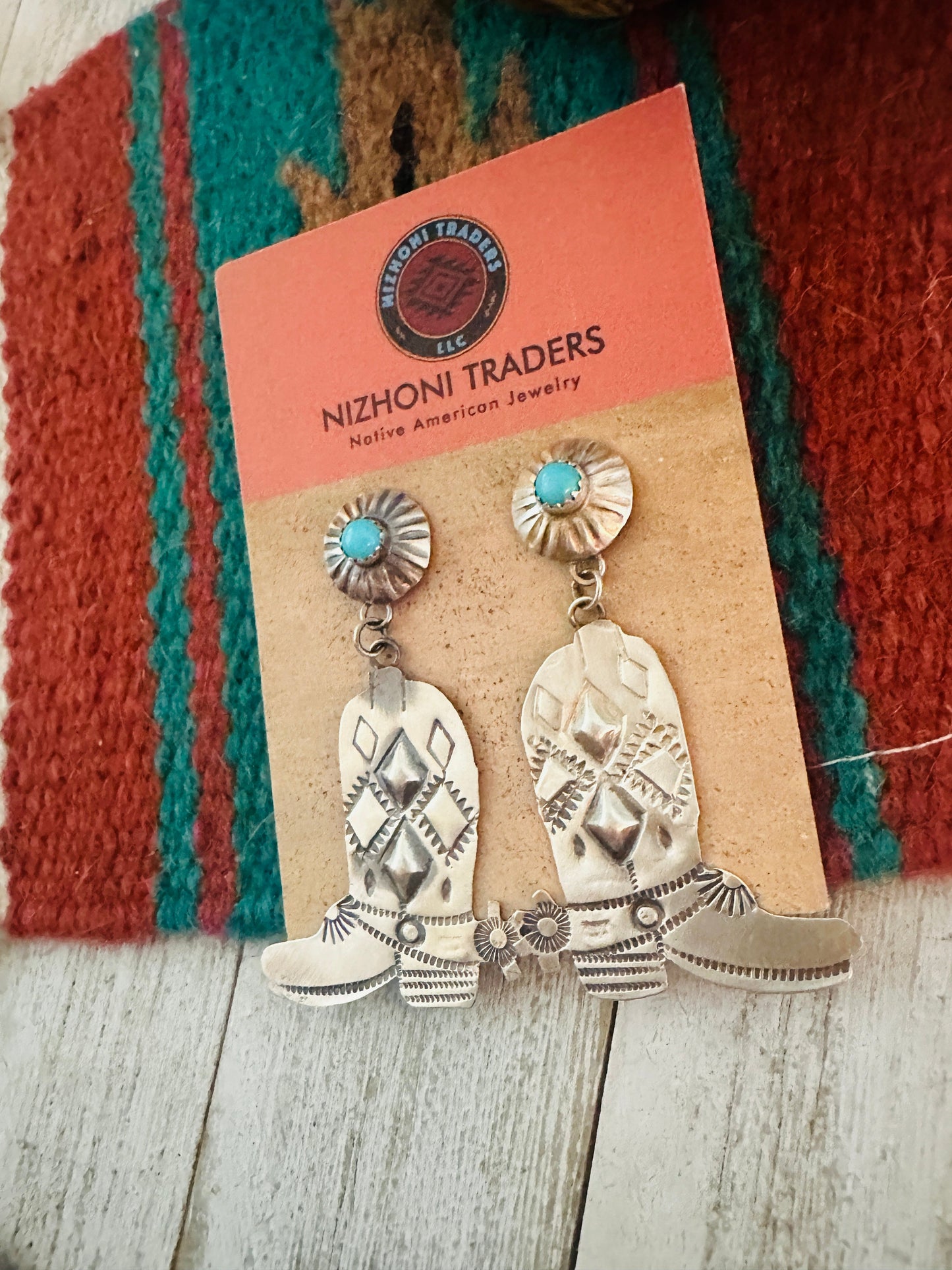 Navajo Turquoise & Sterling Silver Cowboy Boot Dangle Earrings By Tim Yazzie