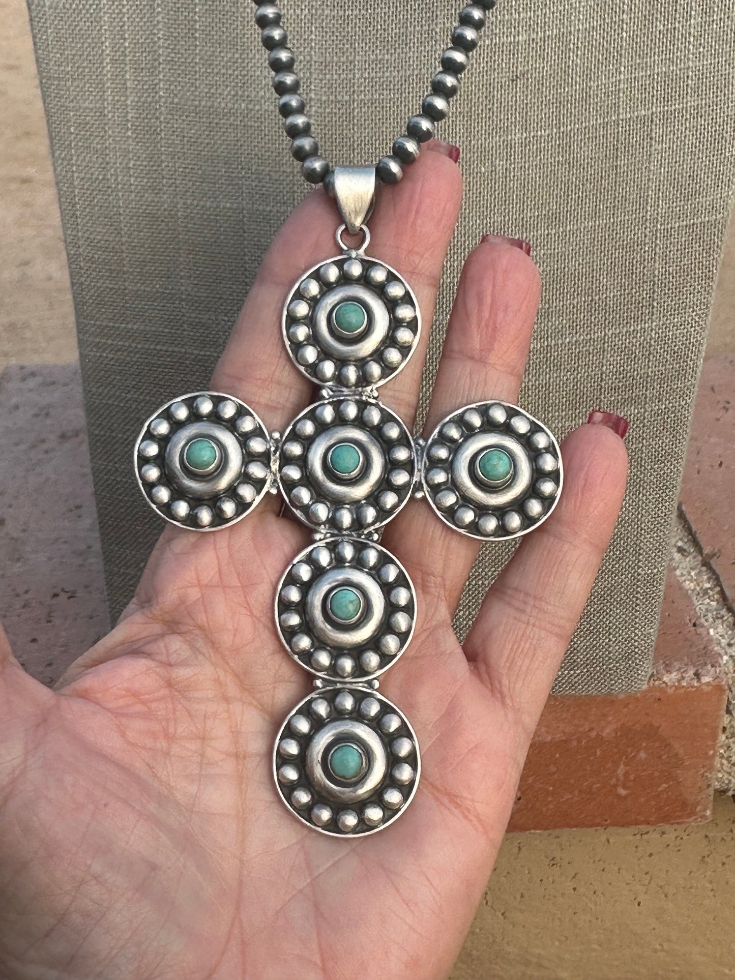 Handmade Natural Turquoise & Sterling Silver Ball Cross Pendants