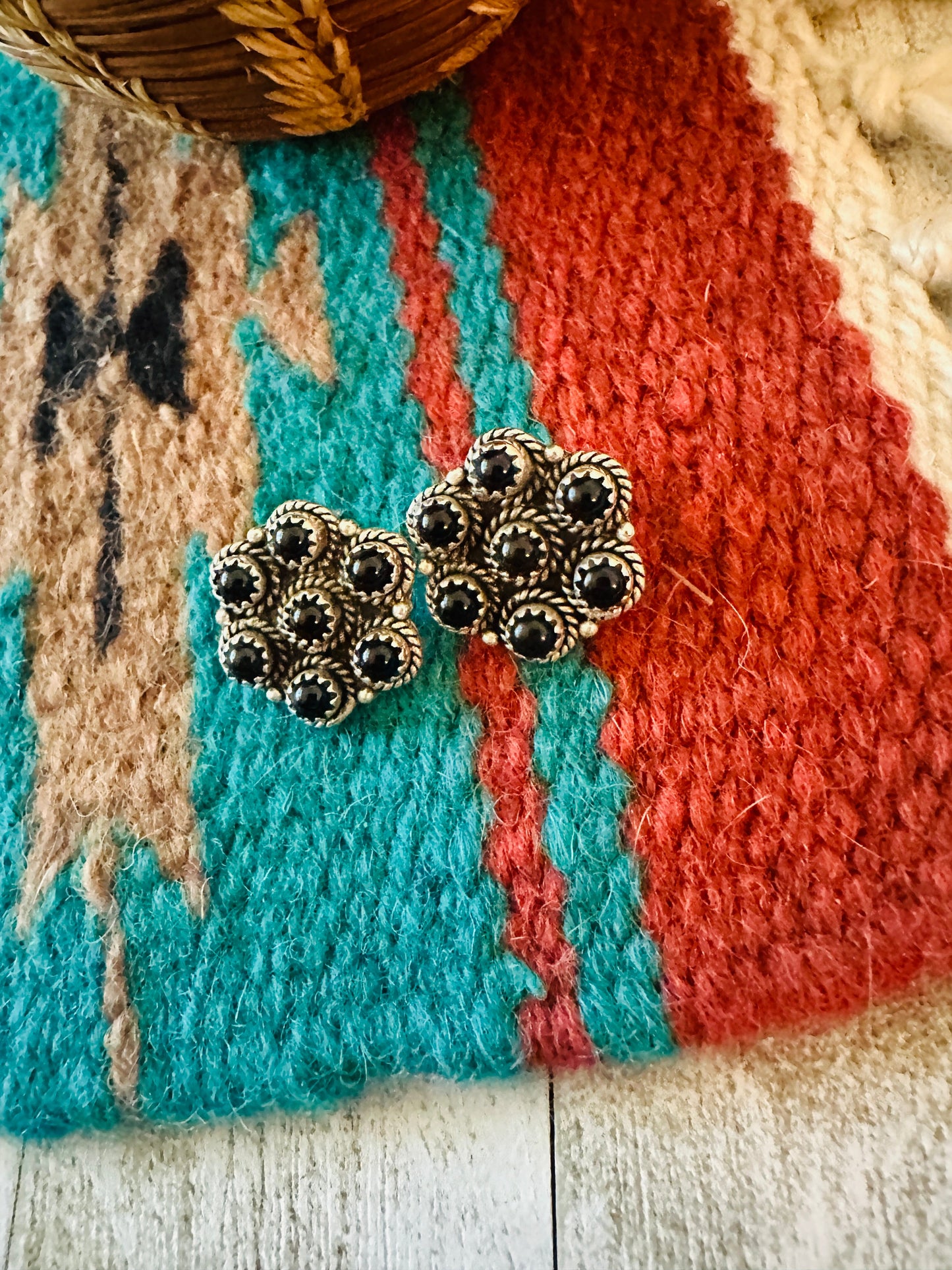 Handmade Onyx & Sterling Silver Cluster Stud Earrings Signed Nizhoni