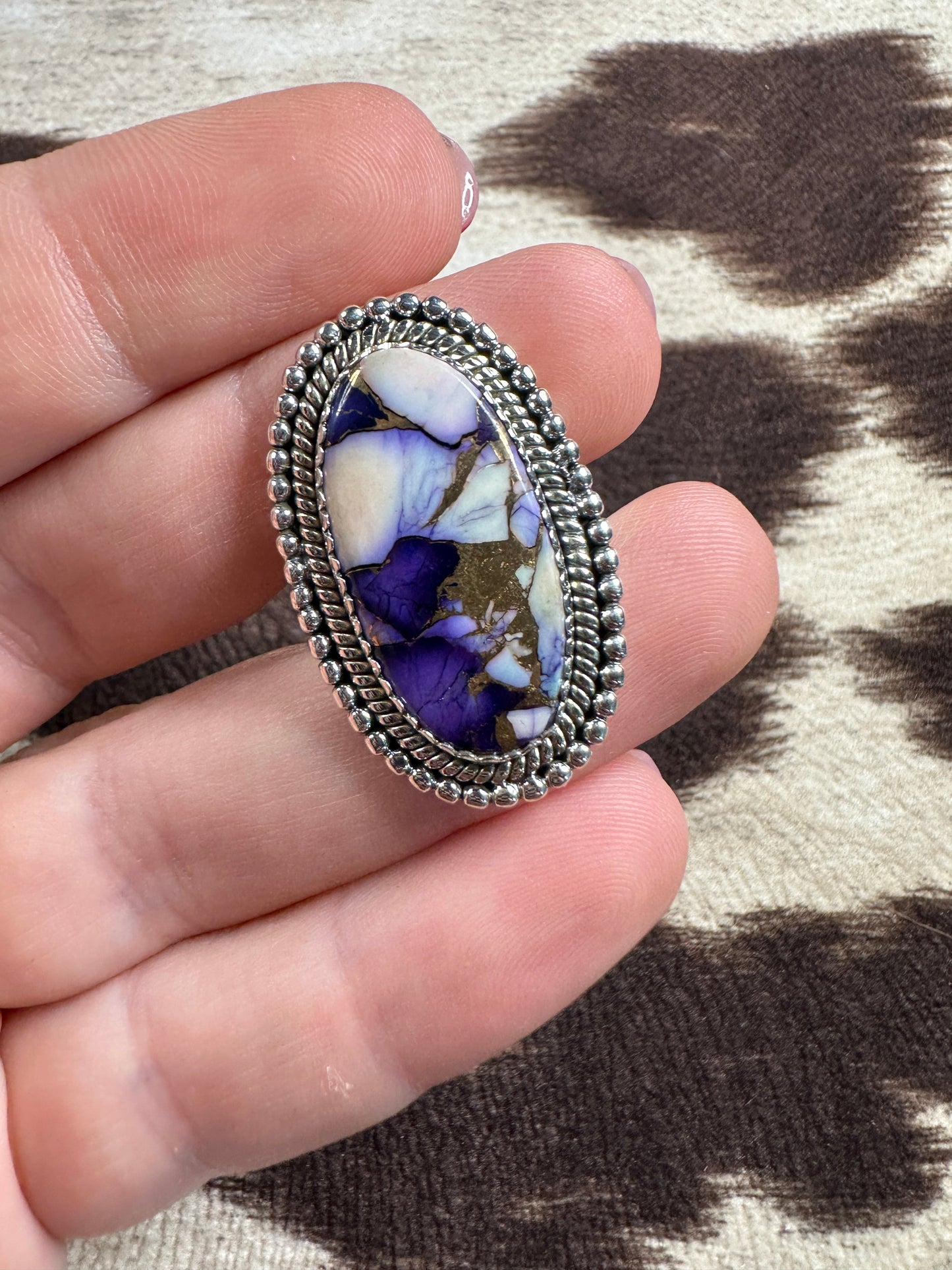 Beautiful Handmade Violet Frost And Sterling Silver Adjustable Ring OVAL