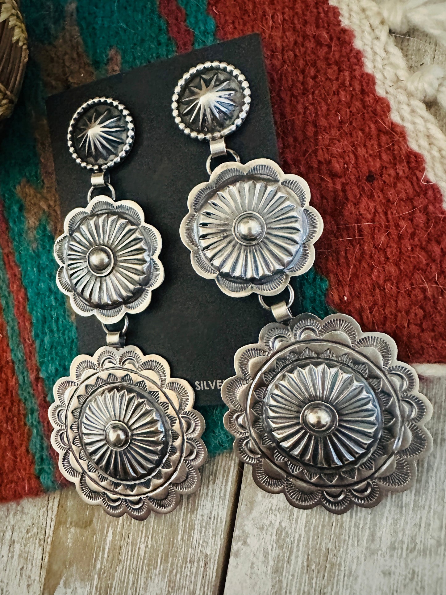 Handcrafted Hand Stamped Sterling Silver Concho Dangle Earrings by Hemerson Brown
