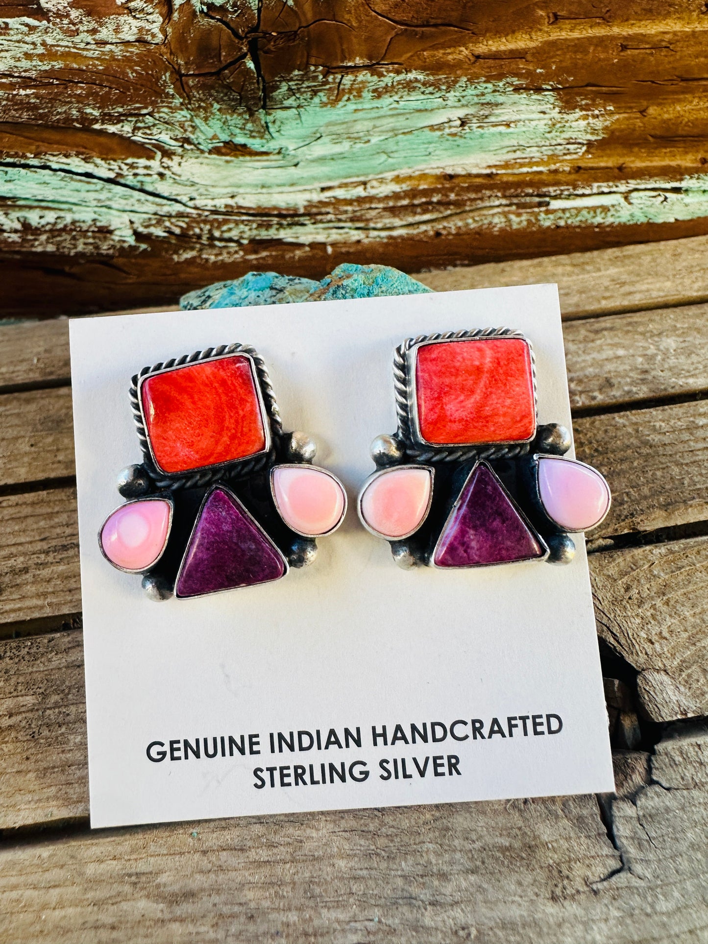 Handcrafted Spiny Oyster, Queen Pink Conch & Sterling Silver Post Earrings by Hiram Largo