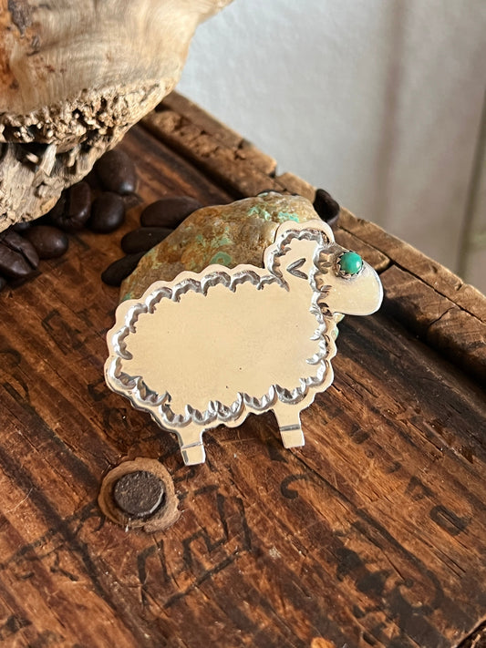 Hand Stamped Sterling Silver and Turquoise Sheep Brooch by Robby Manuelito