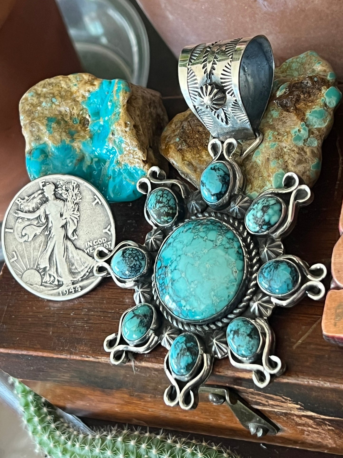 Apache Hubei Turquoise Sunburst Pendant by Rosella Paxson