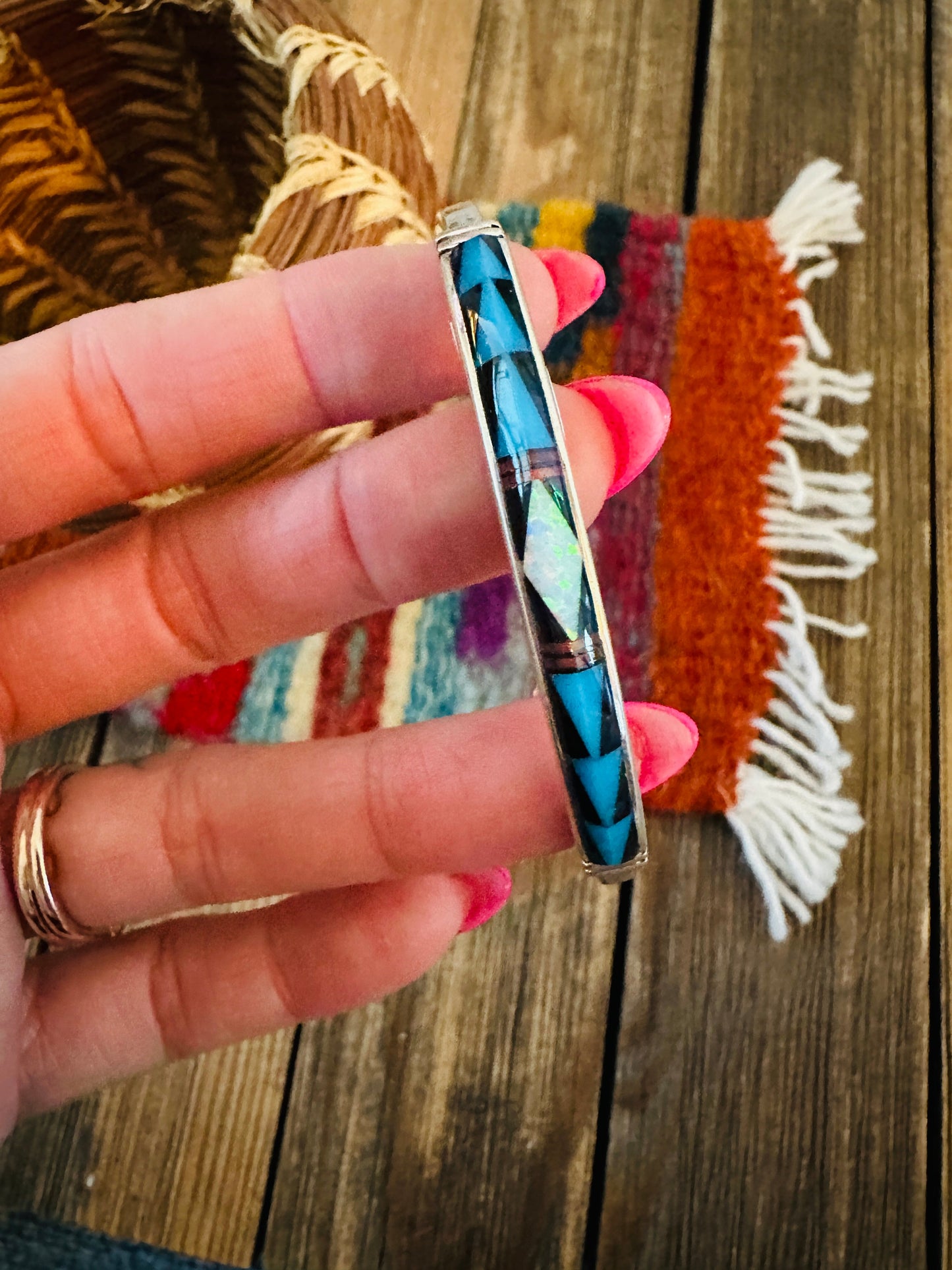 Handcrafted Multi Stone & Sterling Silver Inlay Cuff Bracelet