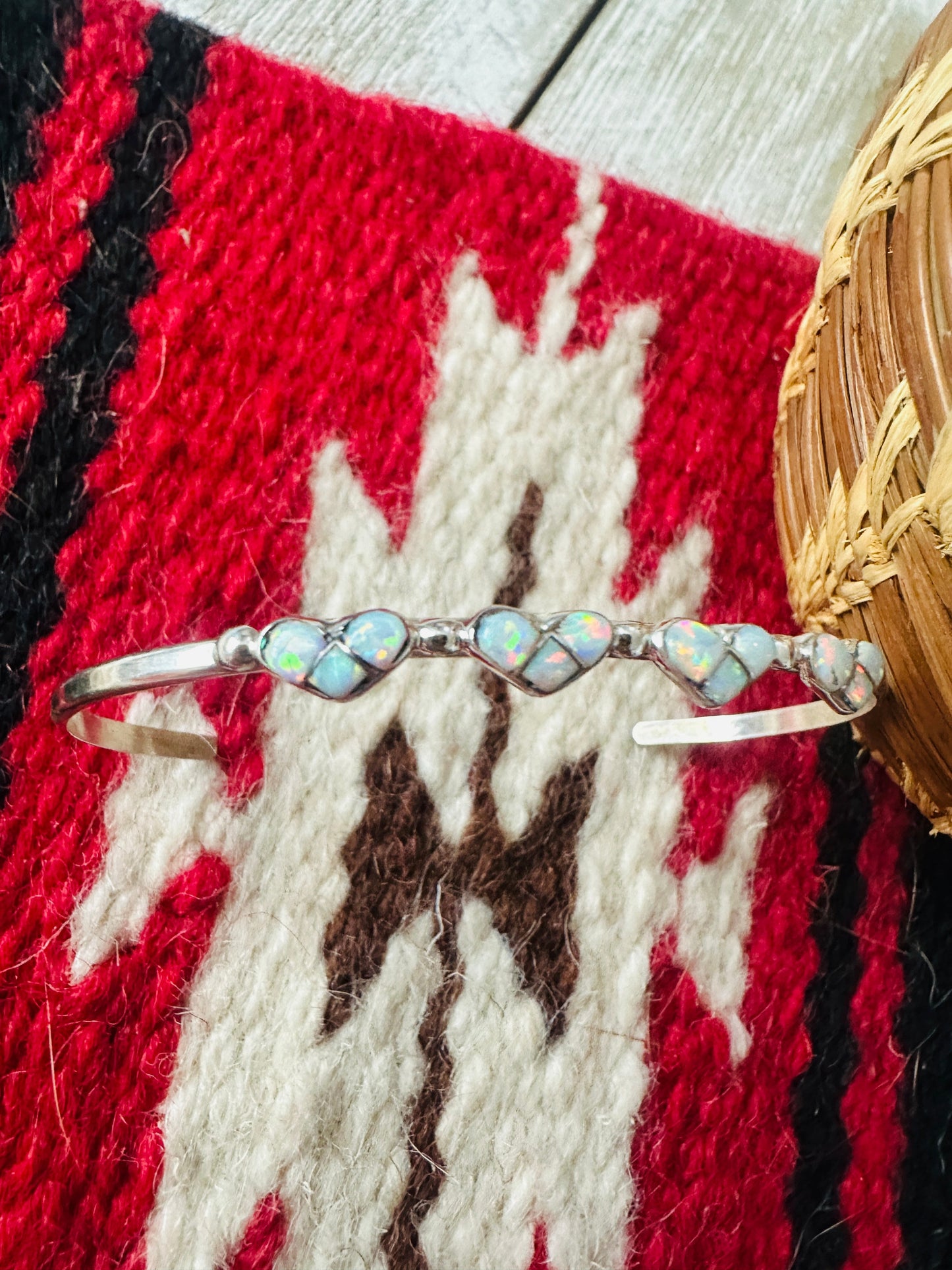Handcrafted Sterling Silver & White Opal Heart Inlay Cuff Bracelet
