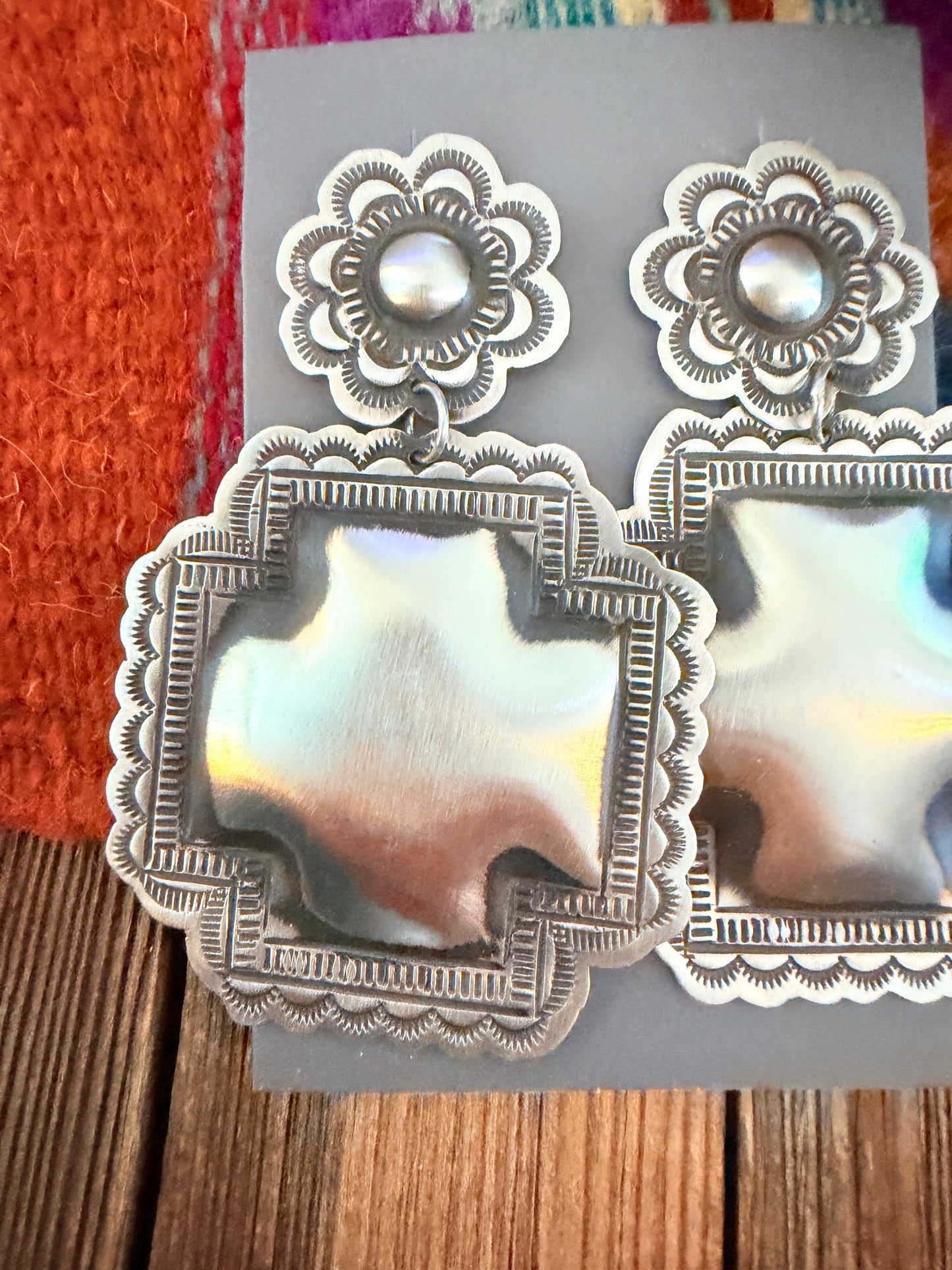 Handcrafted Sterling Silver Concho Cross Dangle Earrings by Leander Tahe