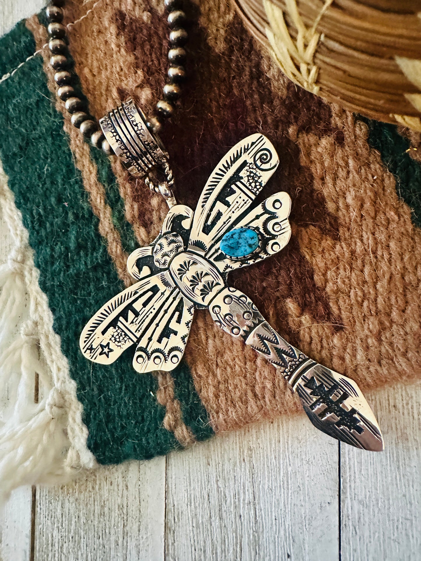 Handcrafted Turquoise & Sterling Silver Dragonfly Pendant Signed Richard Singer