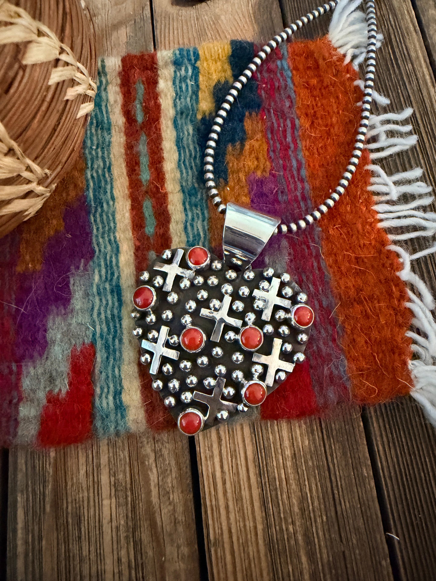 Handcrafted Coral & Sterling Silver Heart Cross Pendant by Geneva Apachito
