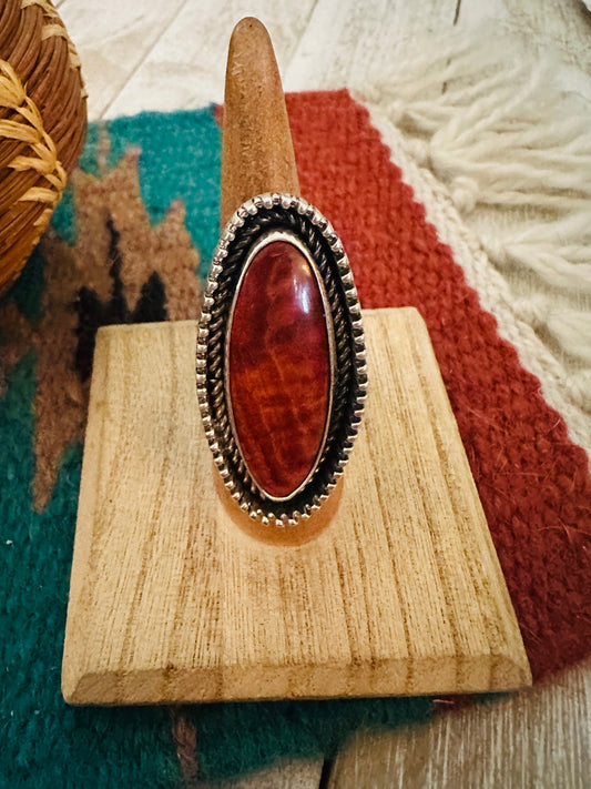 Navajo Sterling Silver & Red Spiny Oyster Adjustable Ring