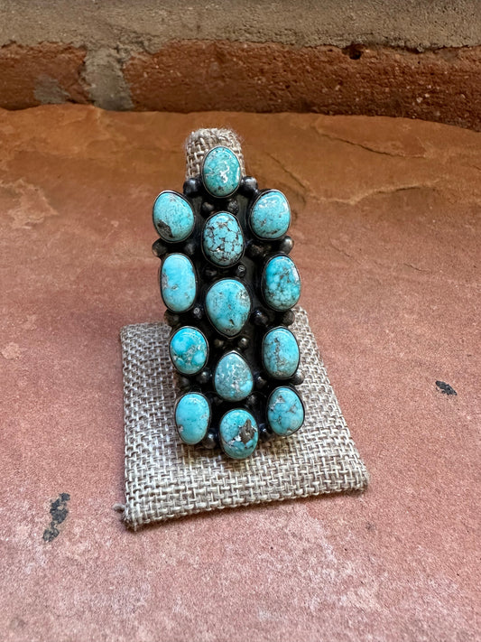 Handcrafted Turquoise & Sterling Silver 13 Stone Ring Signed Sheila