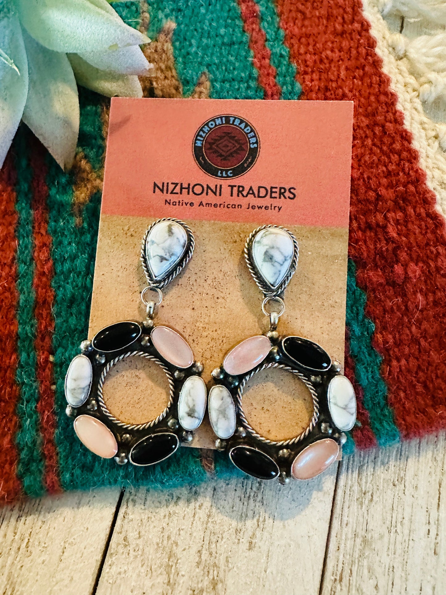 Handcrafted White Buffalo, Onyx, Mother of Pearl and Sterling Silver Dangle Earrings