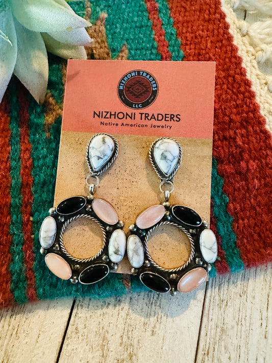 Handcrafted White Buffalo, Onyx, Mother of Pearl and Sterling Silver Dangle Earrings