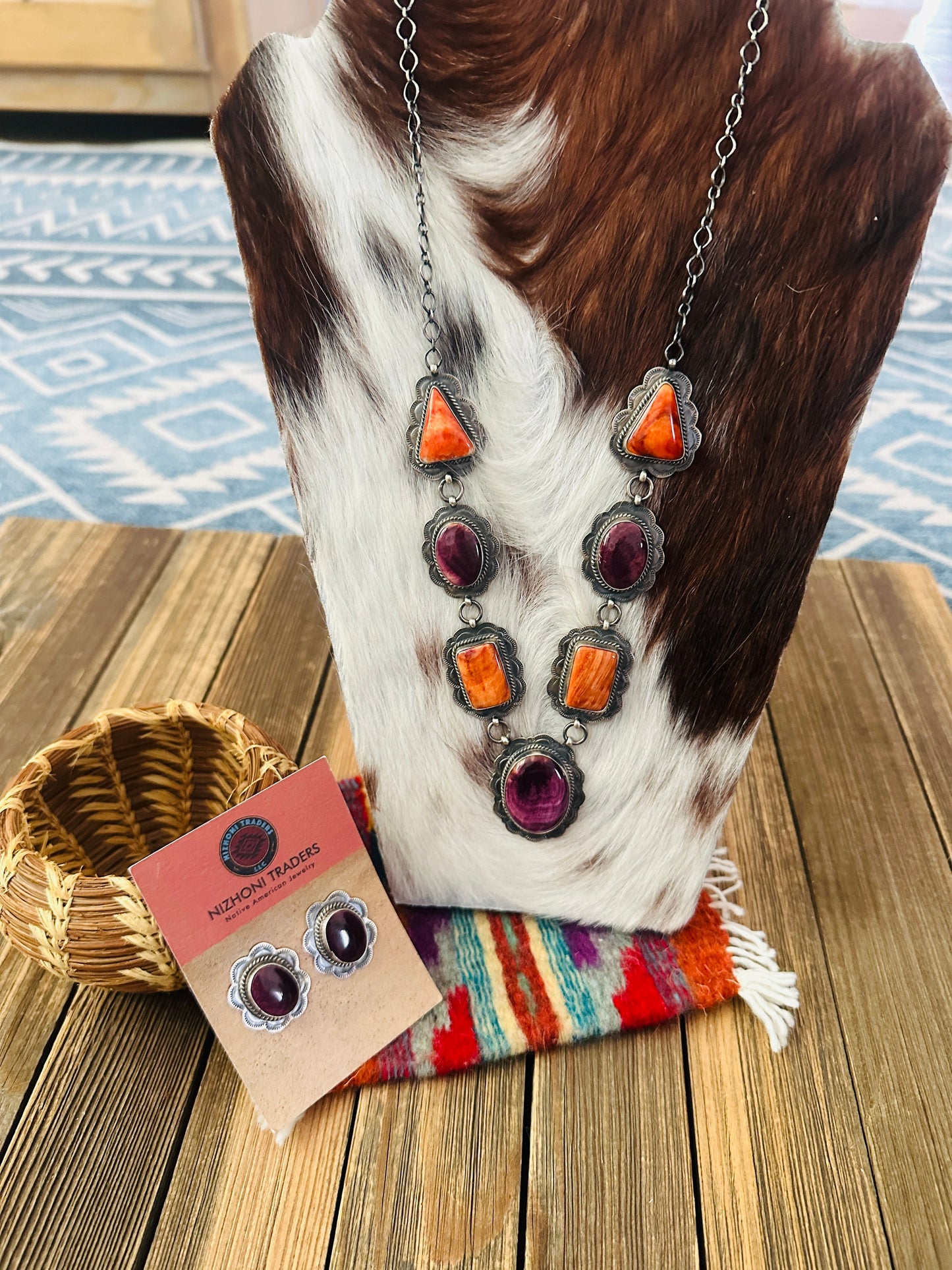 Handcrafted Orange Spiny Oyster & Sterling Silver Necklace and Earring Set