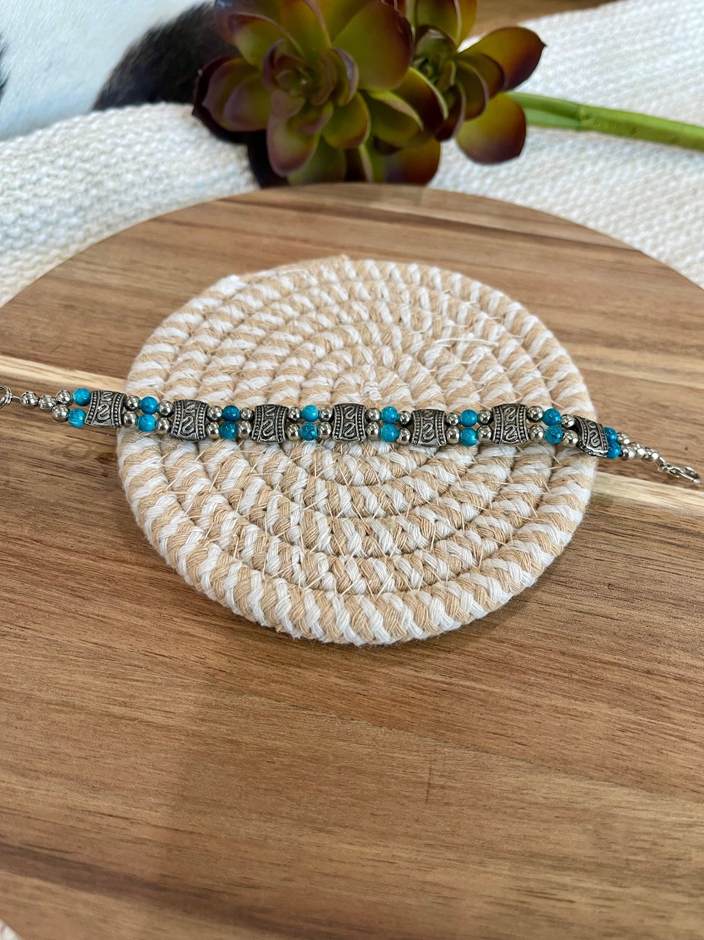 Vintage Handmade Silver & Faux Turquoise Link Bracelet
