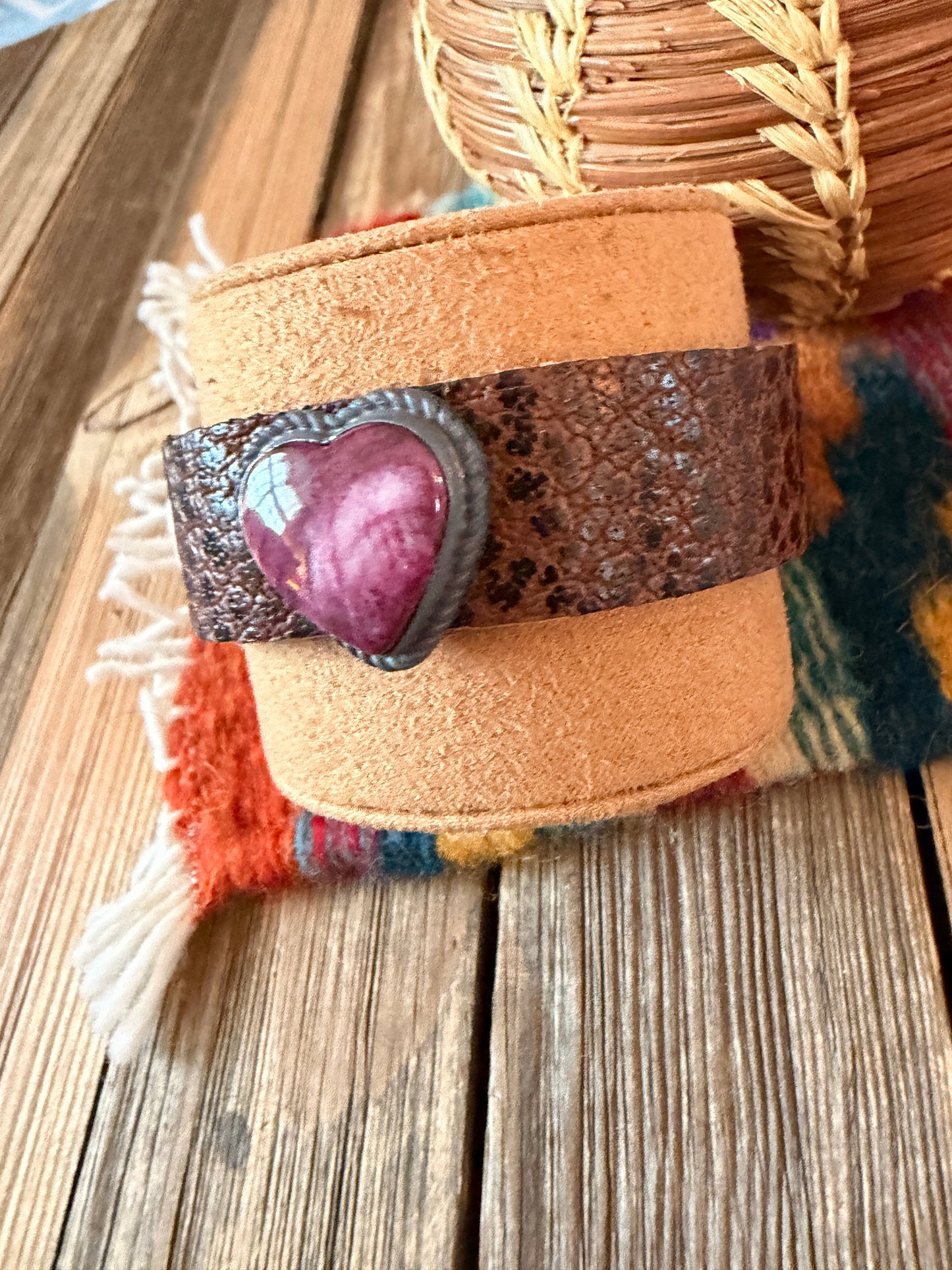 Handcrafted Purple Spiny & Sterling Silver Leather Heart Bracelet