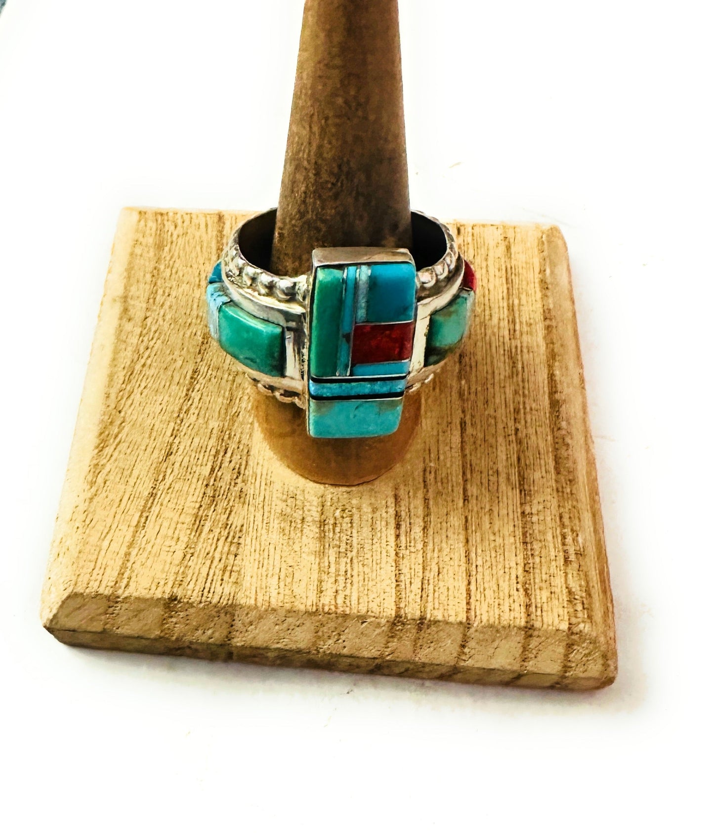Handcrafted Sterling Silver & Multi Stone Inlay Ring Size 13