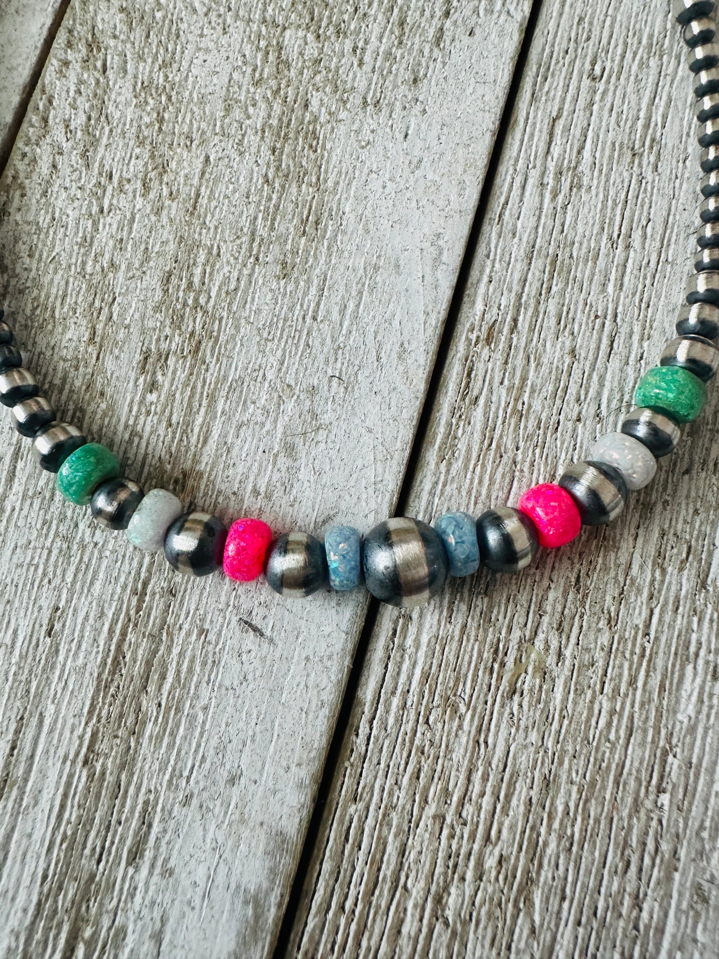 Handcrafted Sherbet Opal & Sterling Silver Beaded Necklace 18”