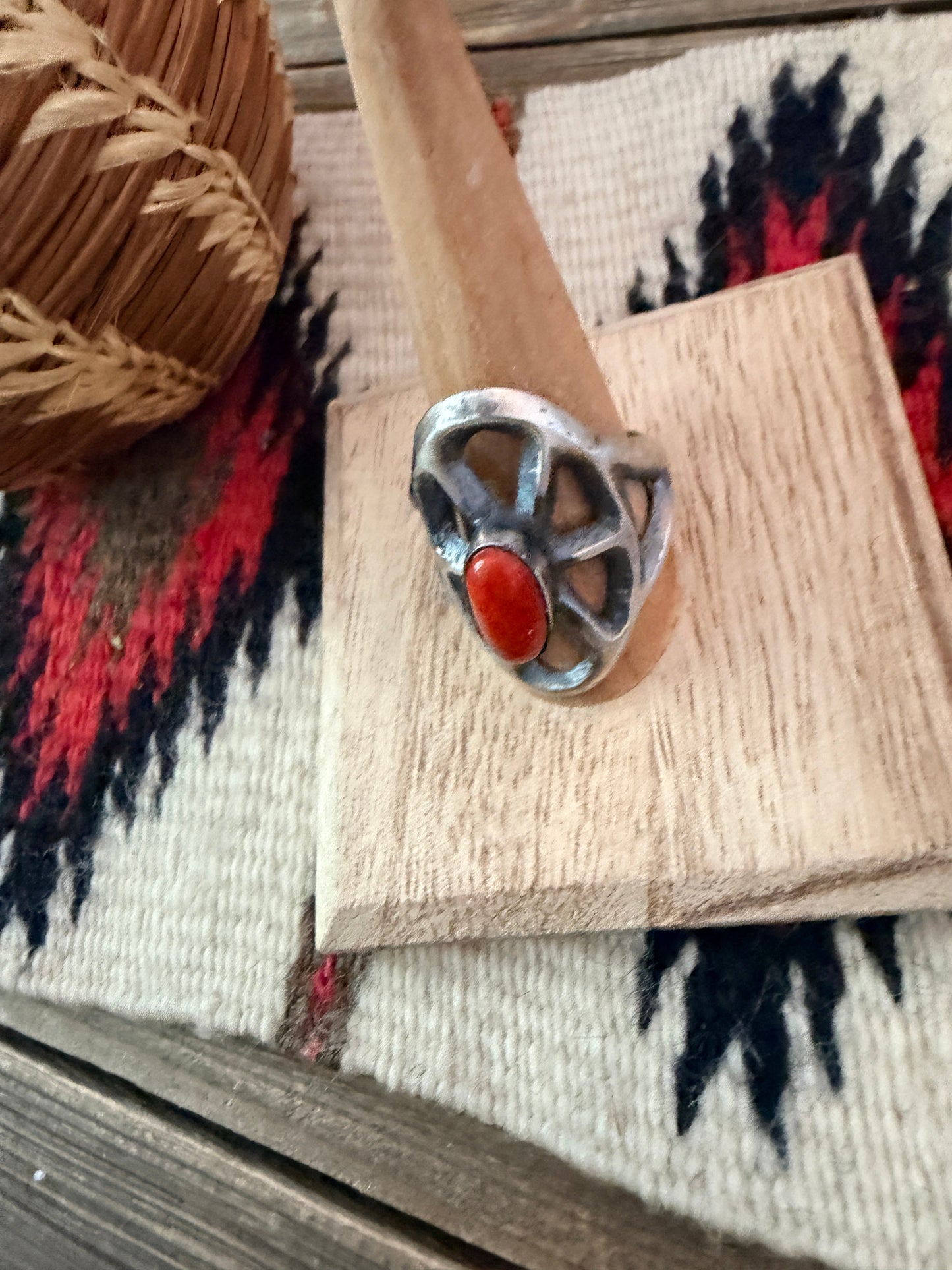 Handcrafted Coral and Sterling Silver Ring size 11 by Chimney Butte