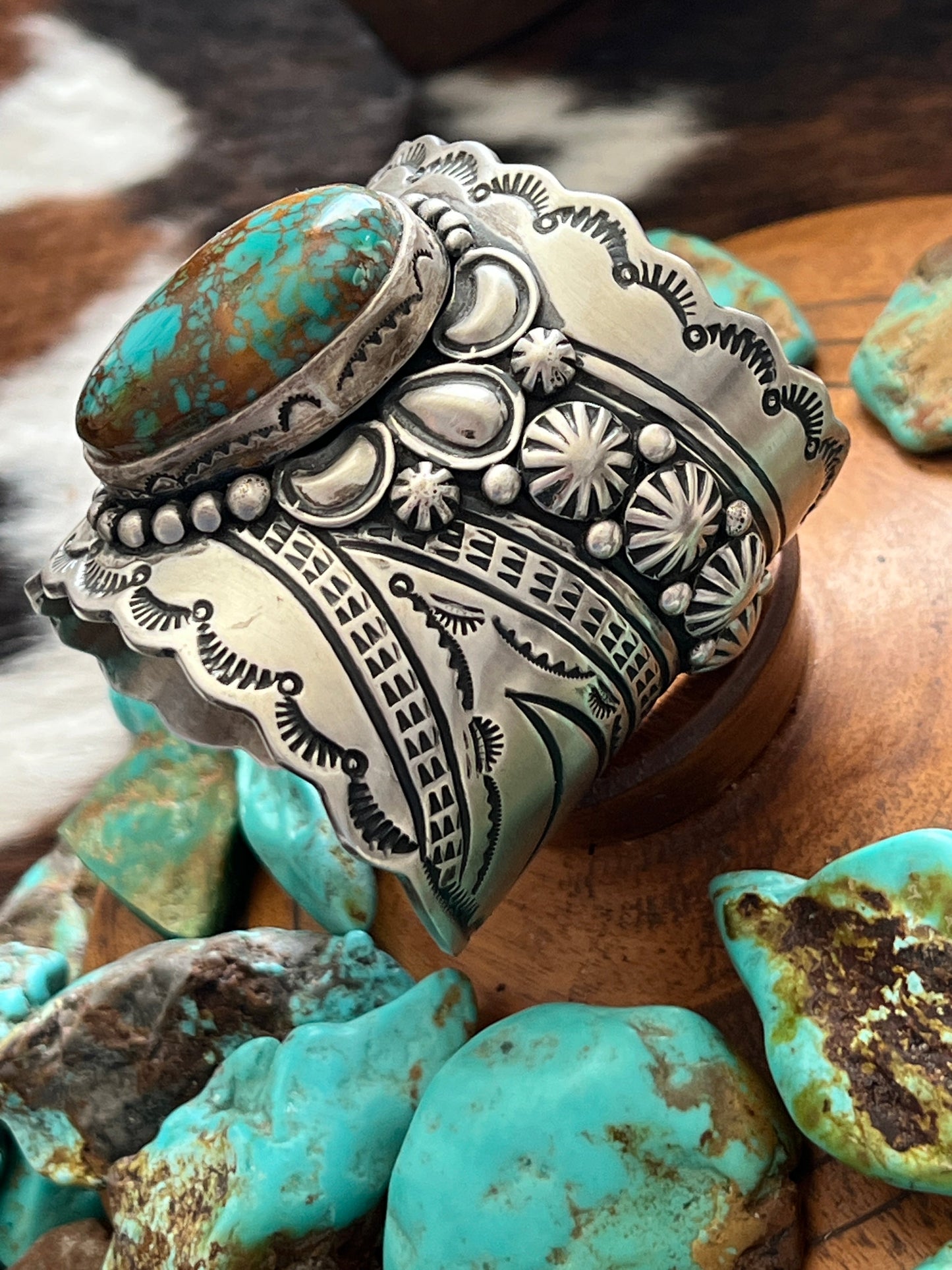 Lorenzo James Hefty Sterling Silver and Kingman Turquoise Hand Stamped Cuff Bracelet