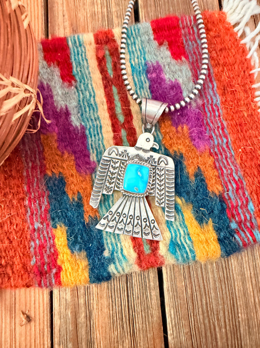 Handcrafted Sterling Silver & Turquoise Thunderbird Pendant by Leroy James