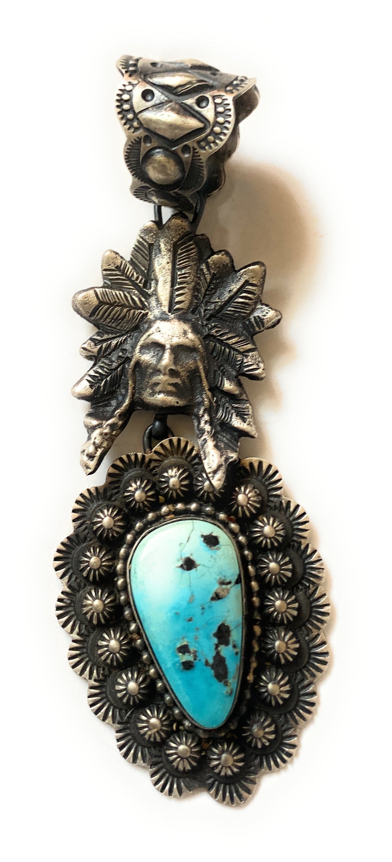 Handcrafted Sterling Kingman Turquoise & Sterling Silver Indian Chief Pendant