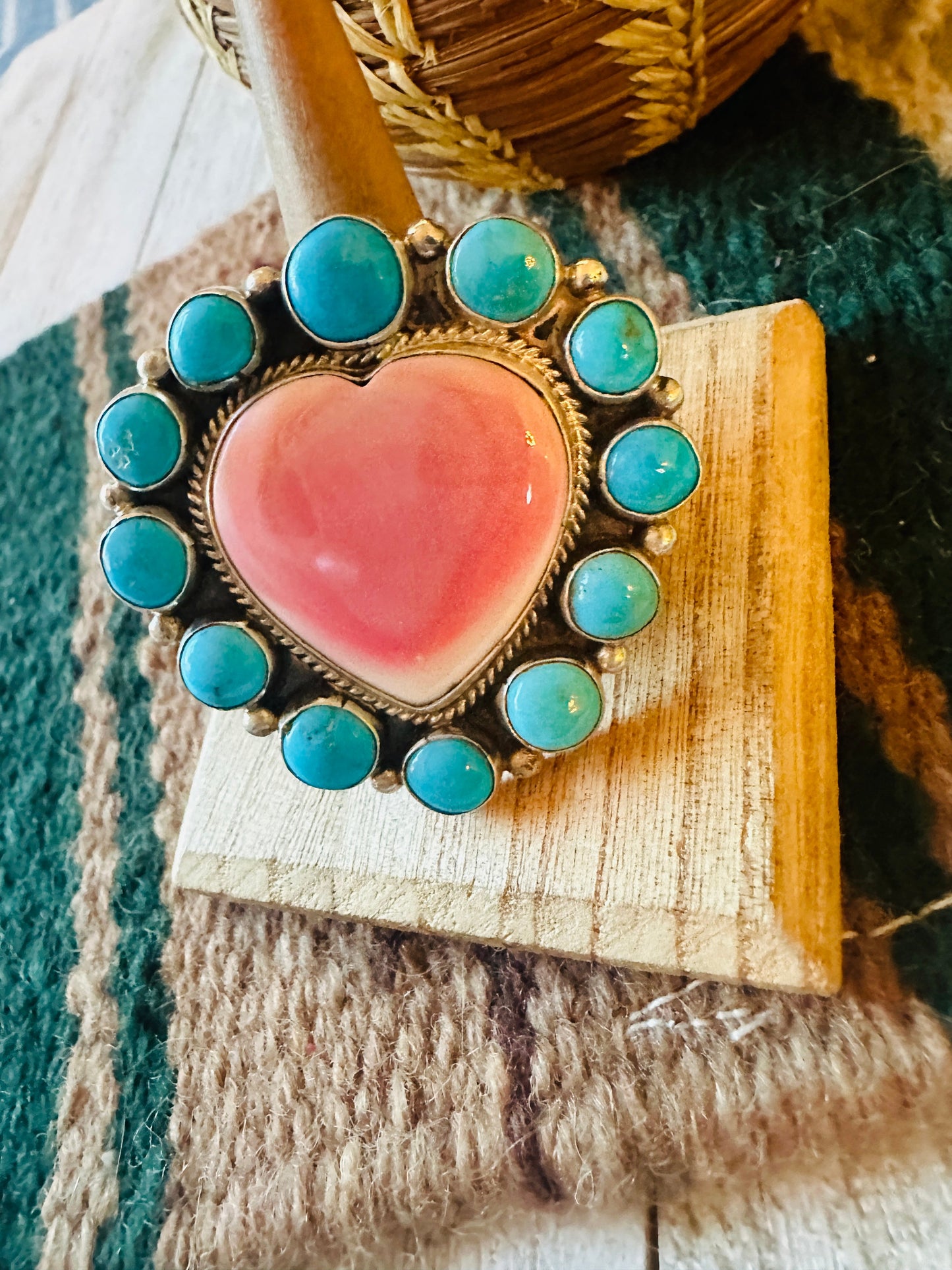 Handcrafted Sterling Silver, Queen Pink Conch & Turquoise Heart Adjustable Ring